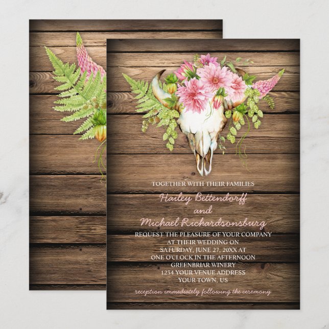 Barn Wood Pink Flowers Cow Skull Horns Wedding Invitation (Front/Back)
