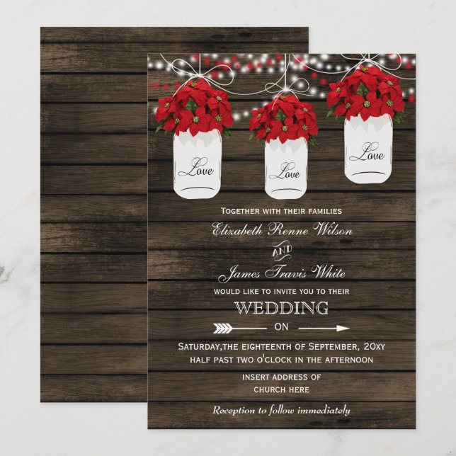Barn wood poinsettias mason jar rustic wedding invitation (Front/Back)