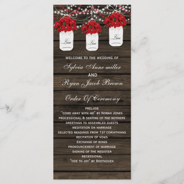 Barn wood poinsettias mason jar wedding programs programme (Front)
