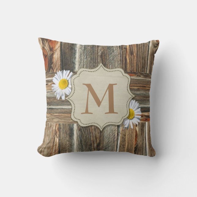 Barn Wood Print Pillow With Daisies Personalise (Front)