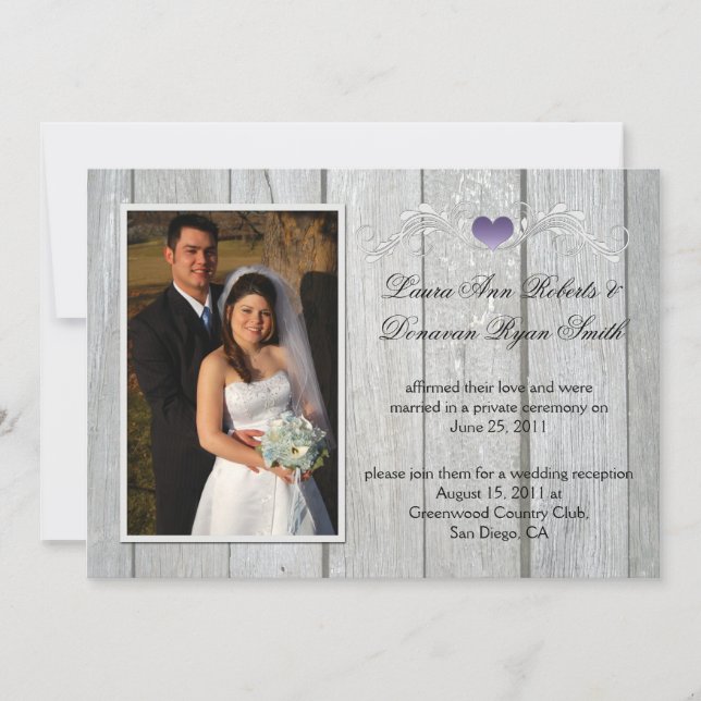Barn Wood Purple Heart Photo After Wedding Invitation (Front)