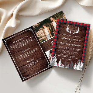 Barn Wood Red Buffalo Plaid Antler QR Code Wedding Invitation