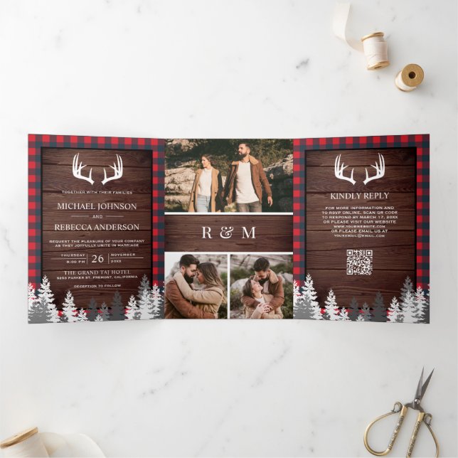 Barn Wood Red Buffalo Plaid Antler QR Code Wedding Tri-Fold Invitation (Inside)