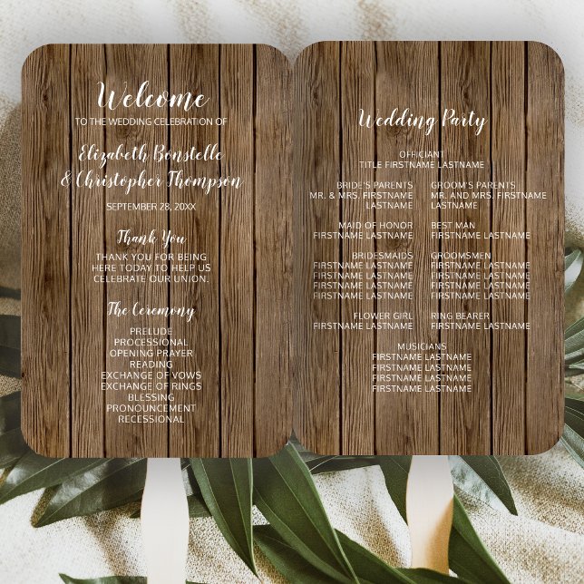 Barn Wood Rustic Calligraphy Wedding Program Hand Fan (Creator Uploaded)