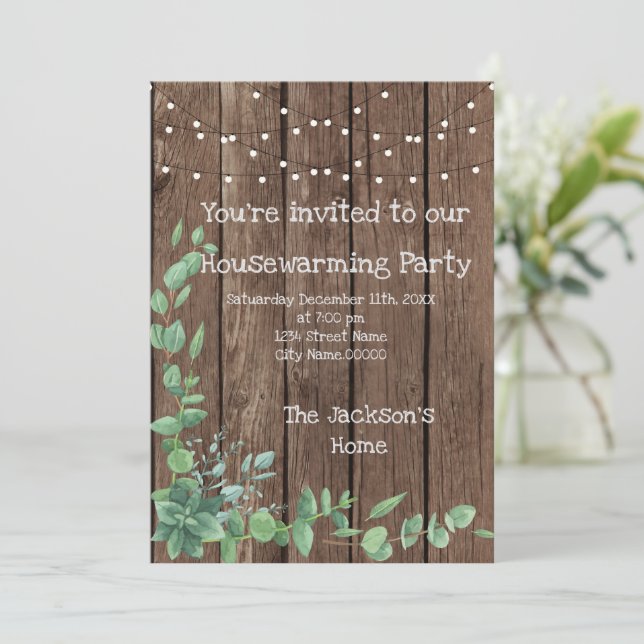 Barn Wood Rustic Eucalyptus Housewarming Party  Invitation (Standing Front)
