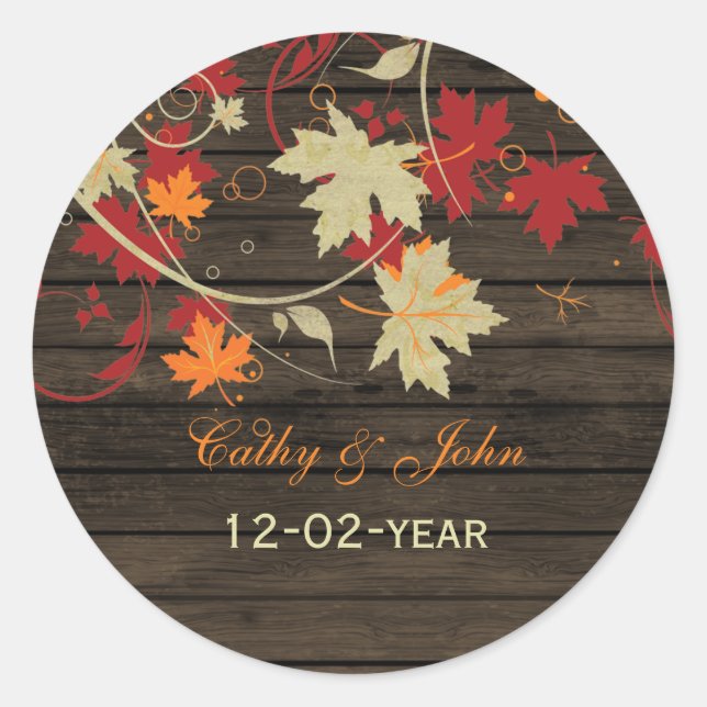 Barn Wood Rustic Fall Leaves Wedding Classic Round Sticker (Front)