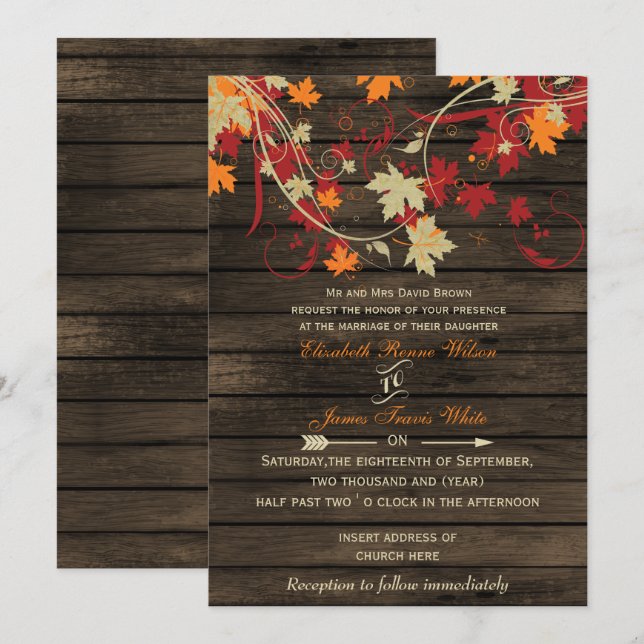 Barn Wood Rustic Fall Leaves Wedding invitations (Front/Back)