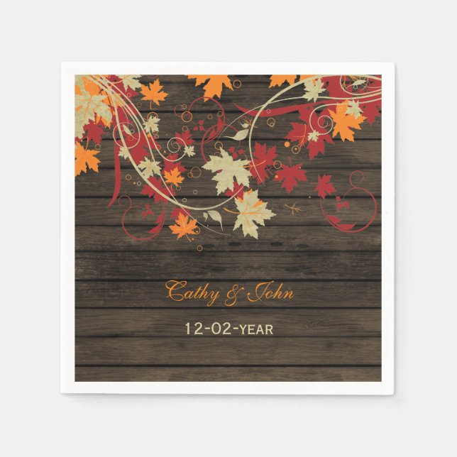 Barn Wood Rustic Fall Leaves Wedding Napkin (Front)