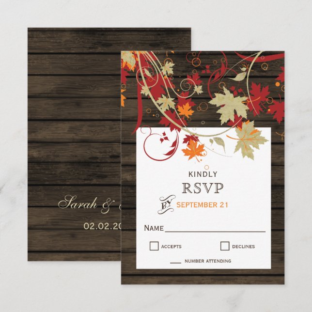 Barn Wood Rustic Fall Leaves Wedding RSVP Card (Front/Back)