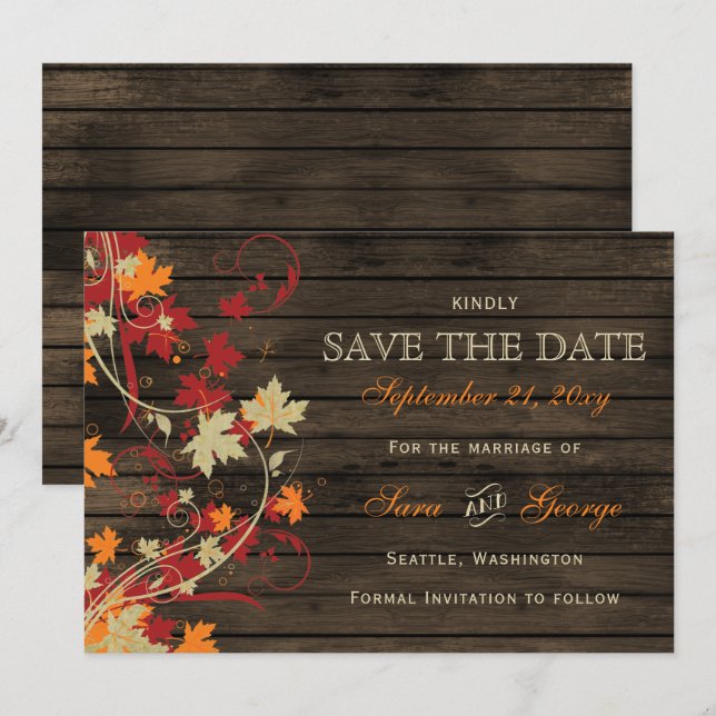Barn Wood Rustic Fall Leaves Wedding save the date (Front/Back)