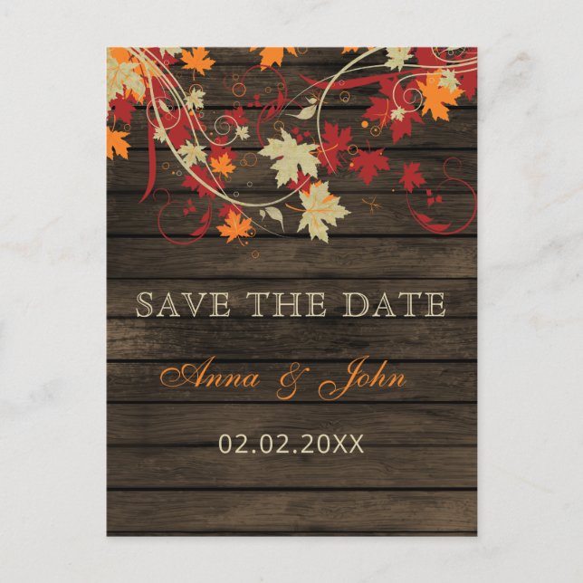 Barn Wood Rustic Fall Leaves Wedding save the date Announcement Postcard (Front)