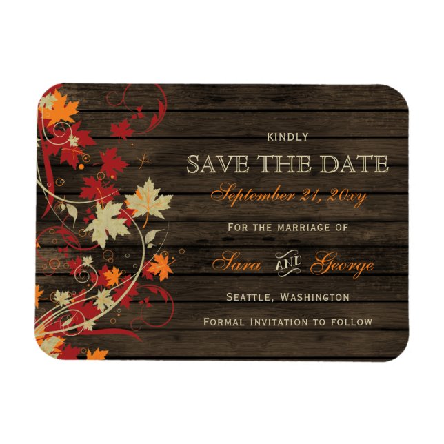 Barn Wood Rustic Fall Leaves Wedding save the date Magnet (Horizontal)