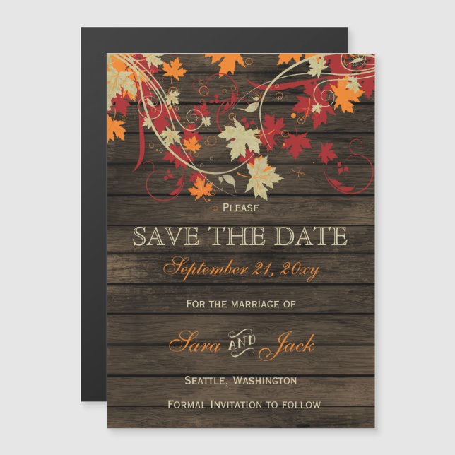Barn Wood Rustic Fall Leaves Wedding save the date Magnetic Invitation (Front/Back)