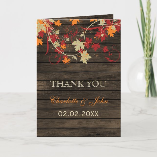 Barn Wood Rustic Fall Leaves Wedding Thank You Card (Front)