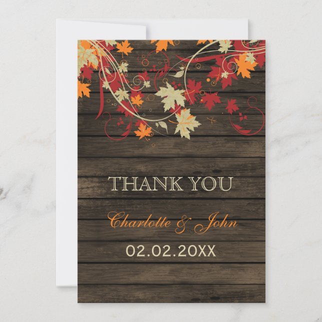 Barn Wood Rustic Fall Leaves Wedding Thank You Invitation (Front)