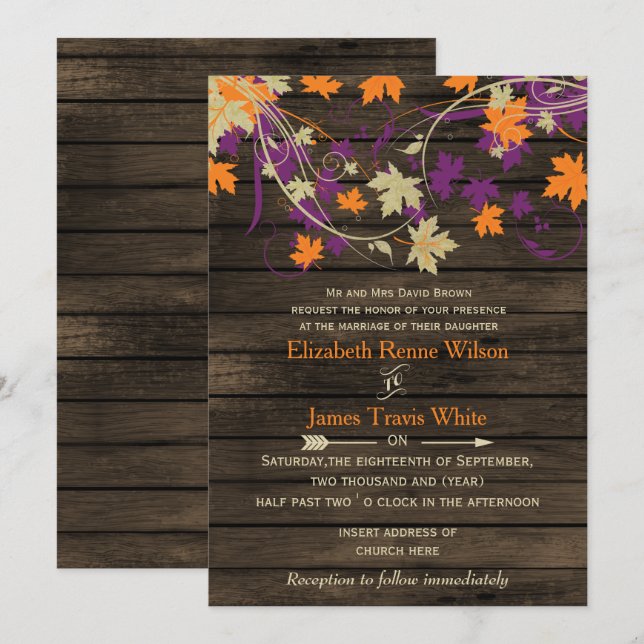Barn wood Rustic Fall plum leaves wedding Invitation (Front/Back)