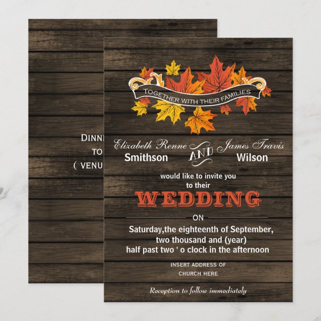 Barn wood Rustic Fall wedding invitations (Front/Back)