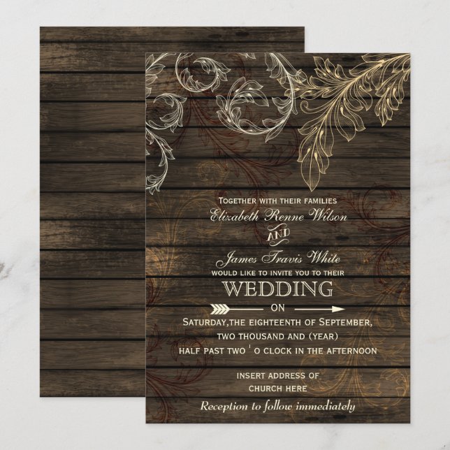 Barn wood Rustic flourish wedding invitations (Front/Back)