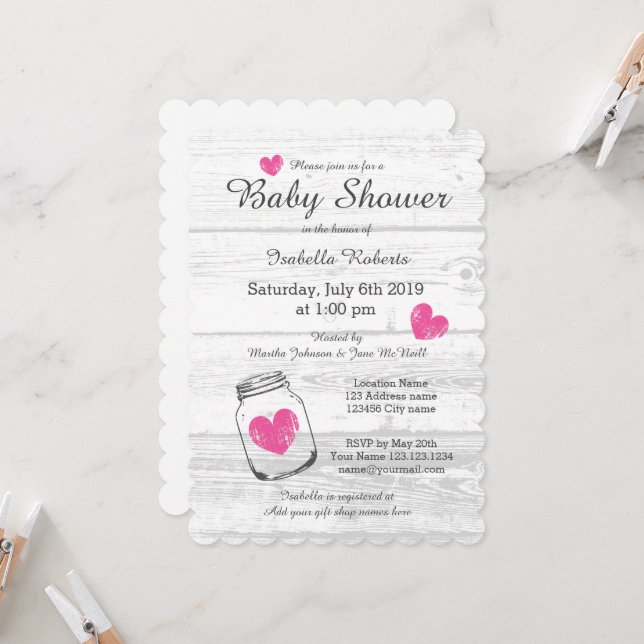 Barn wood rustic mason jar baby shower invitations (Front/Back In Situ)