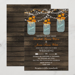 Barn wood Rustic mason jar Fall wedding invitation