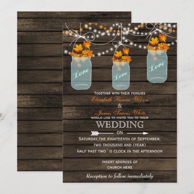 Barn wood Rustic mason jar Fall wedding invitation (Front/Back)