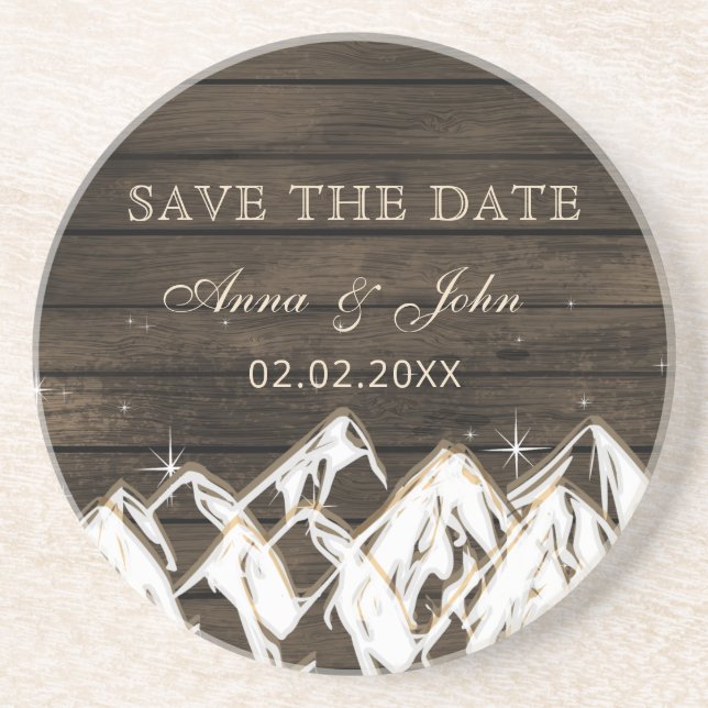 Barn wood Rustic Mountains Save the  Date Coaster (Front)