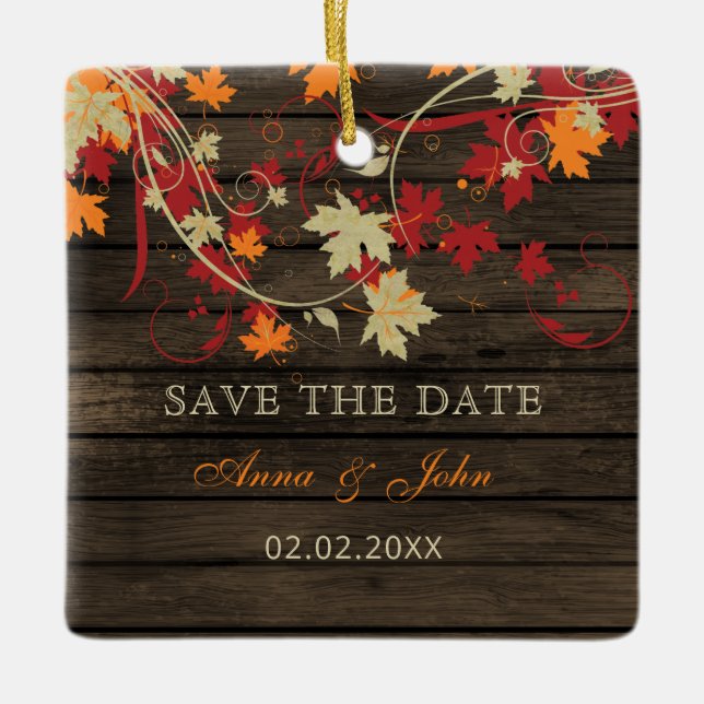 Barn Wood Rustic Orange Fall Save The Date Photo Ceramic Ornament (Front)