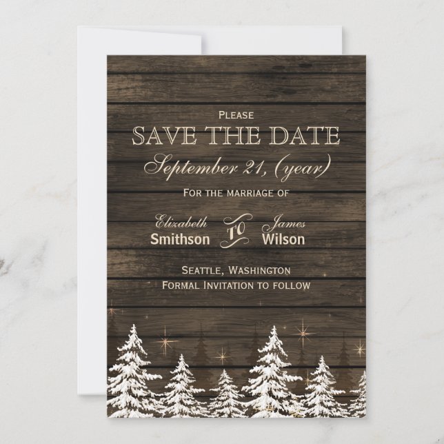 Barn wood Rustic Pine trees, winter save the dates Date (Front)