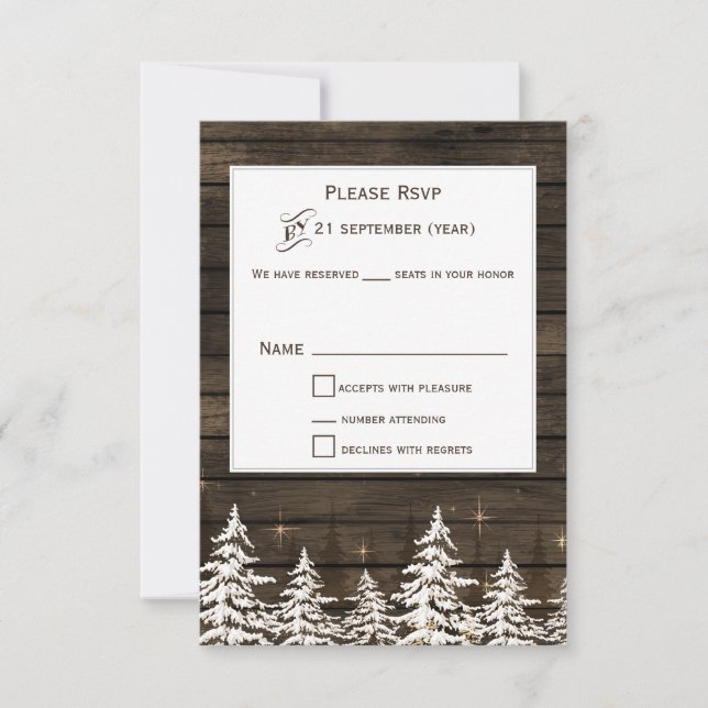 Barn wood Rustic Pine trees, winter standard rsvp Card (Front)