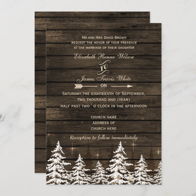 Barn wood Rustic Pine trees Winter Wedding Invitation (Front/Back)