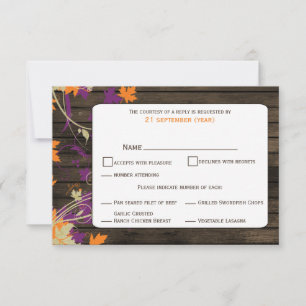 Barn wood Rustic plum leaves fall wedding RSVP Card