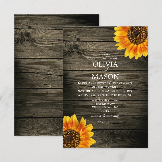 Barn Wood + Rustic Sunflower Wedding Invitation (Front/Back)