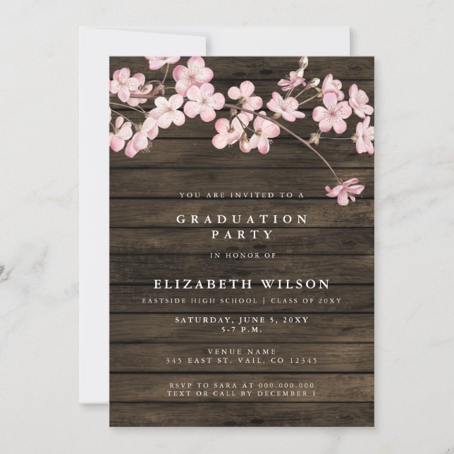 Barn Wood Sakura Pink Cherry Blossoms Graduation Invitation (Front)