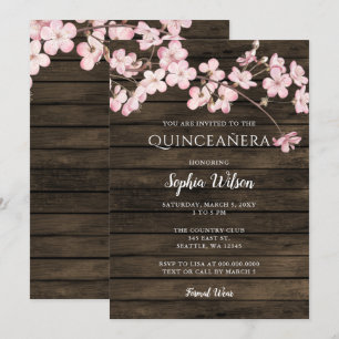 Barn Wood Sakura Pink Cherry Blossoms Quinceañera  Invitation