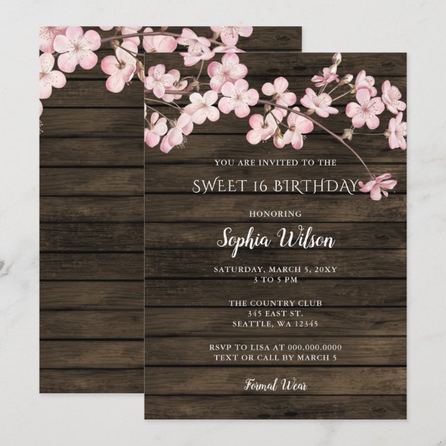 Barn Wood Sakura Pink Cherry Blossoms sweet 16 Invitation (Front/Back)