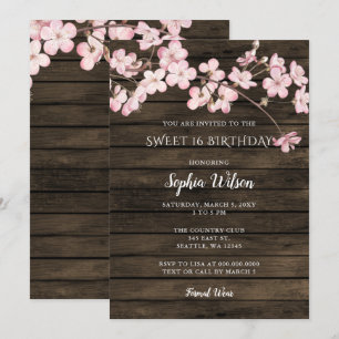 Barn Wood Sakura Pink Cherry Blossoms sweet 16 Invitation