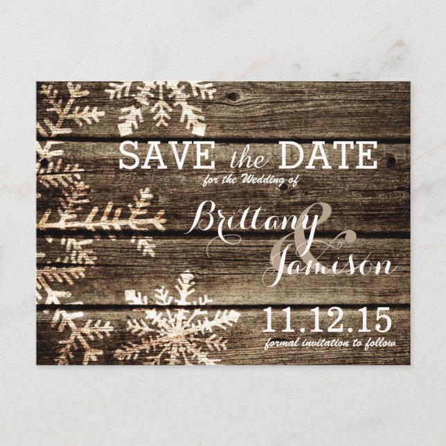 Barn Wood Snowflakes Rustic Winter Save the Date Announcement Postcard (Front)