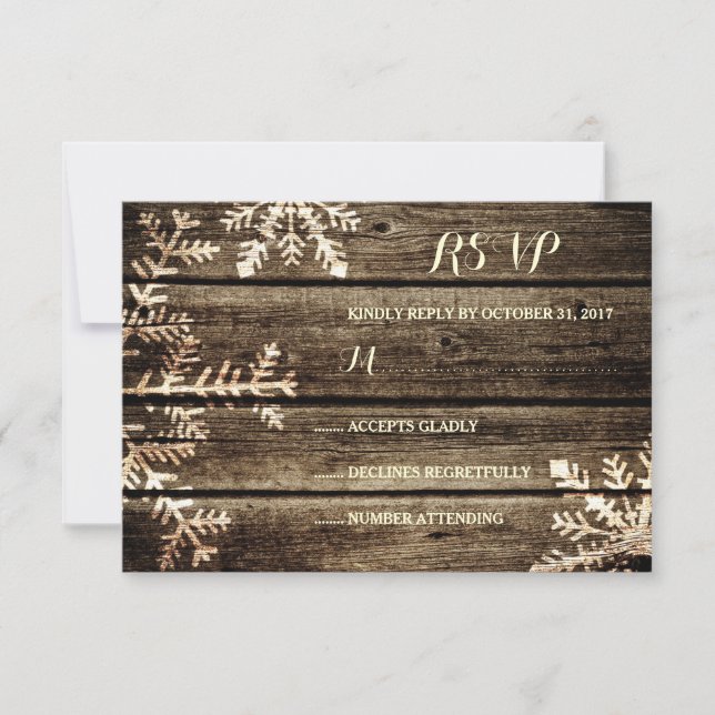 Barn Wood Snowflakes Rustic Winter Wedding RSVP Card (Front)