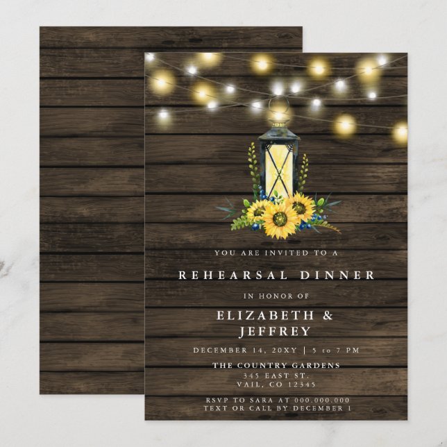 Barn Wood String Light Sunflowers Rehearsal Dinner Invitation (Front/Back)