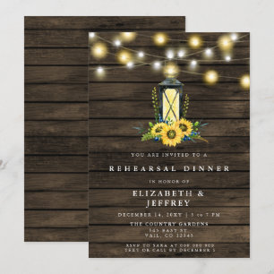 Barn Wood String Light Sunflowers Rehearsal Dinner Invitation