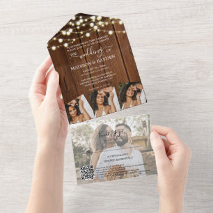 Barn Wood String Lights 4 Photo QR Code Wedding All In One Invitation