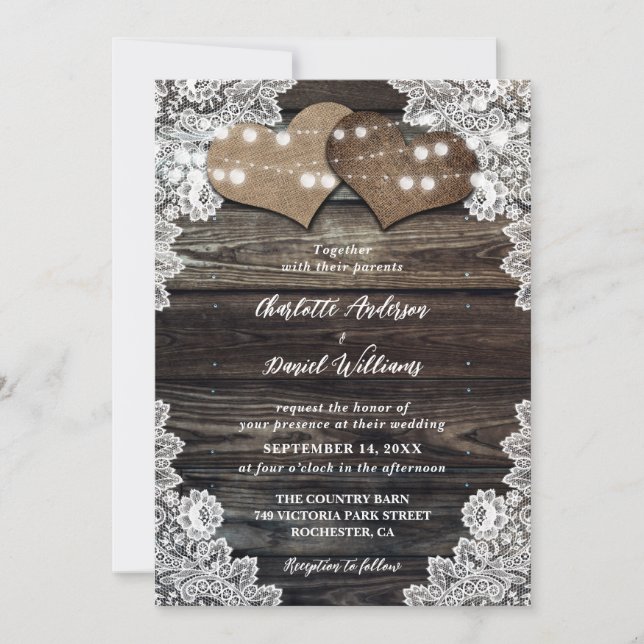 Barn Wood String Lights Burlap Hearts Wedding Invitation (Front)