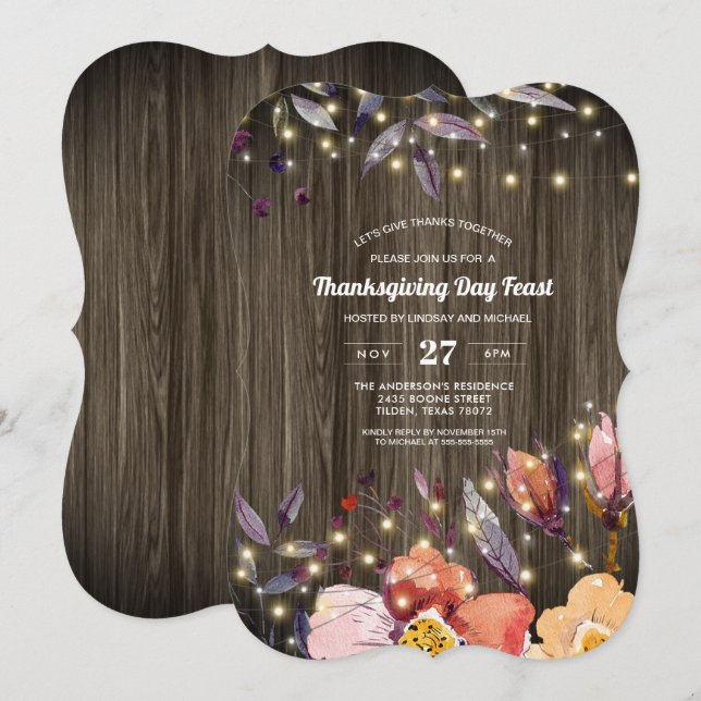 Barn Wood String Lights Floral Thanksgiving Feast Invitation (Front/Back)