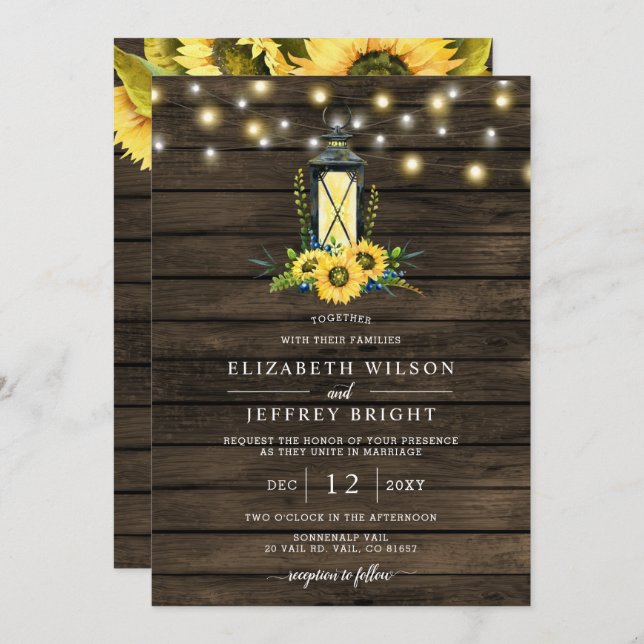 Barn Wood String Lights Sunflowers Lantern Wedding Invitation (Front/Back)