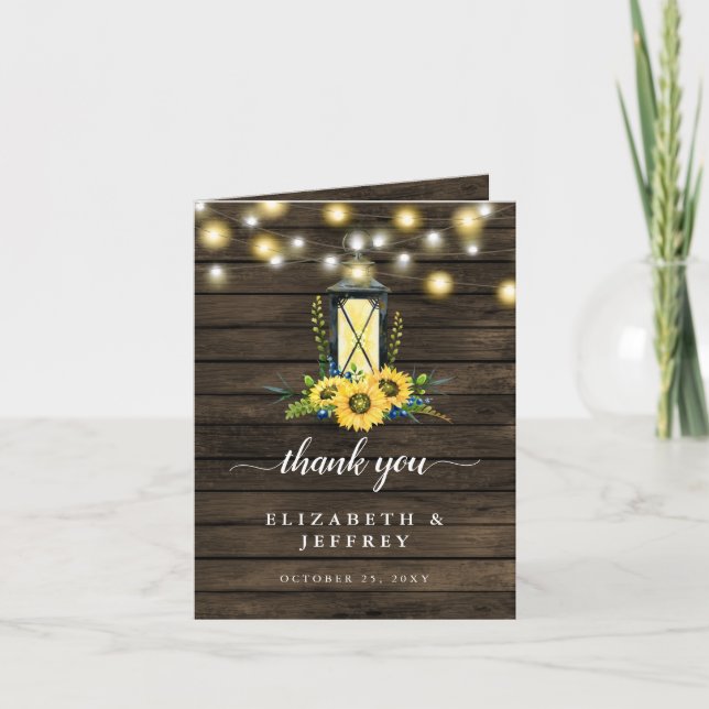 Barn Wood String Lights Sunflowers Thank You Card (Front)