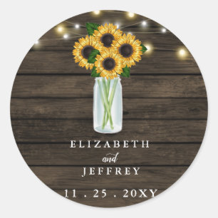 Barn Wood String Lights Sunflowers Wedding  Classic Round Sticker