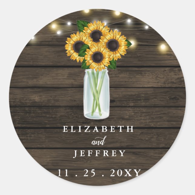 Barn Wood String Lights Sunflowers Wedding  Classic Round Sticker (Front)