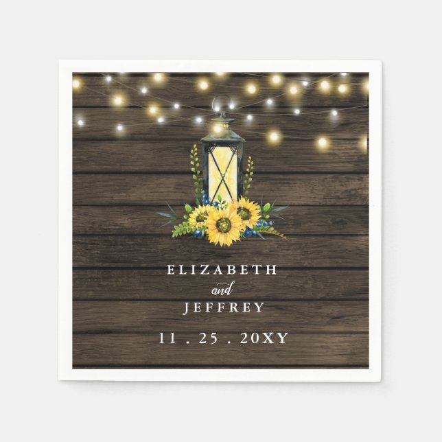 Barn Wood String Lights Sunflowers Wedding Napkin (Front)