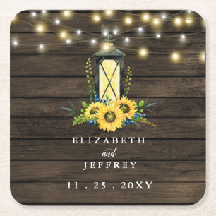 Barn Wood String Lights Sunflowers Wedding Square Paper Coaster