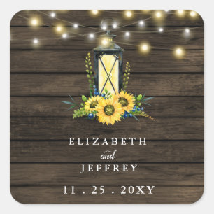 Barn Wood String Lights Sunflowers Wedding  Square Sticker